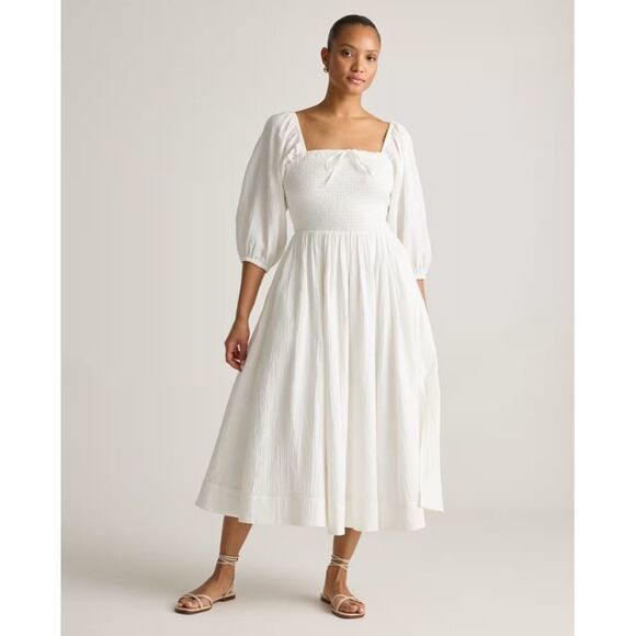 Quince Dresses & Skirts - Quince Women 100% Organic Cotton Gauze Smocked Square Neck Midi Dress White L